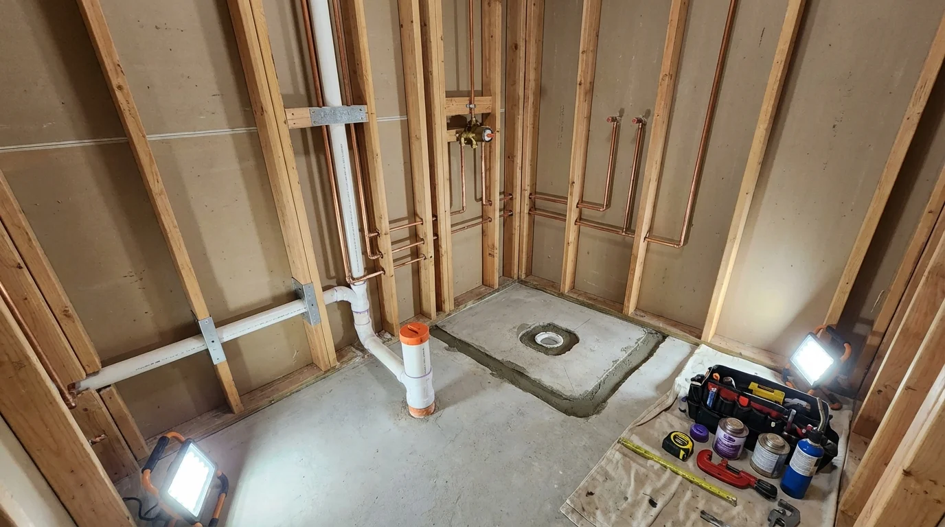 Bathroom rough-in plumbing during remodel by Johns Plumbing LLC in San Miguel