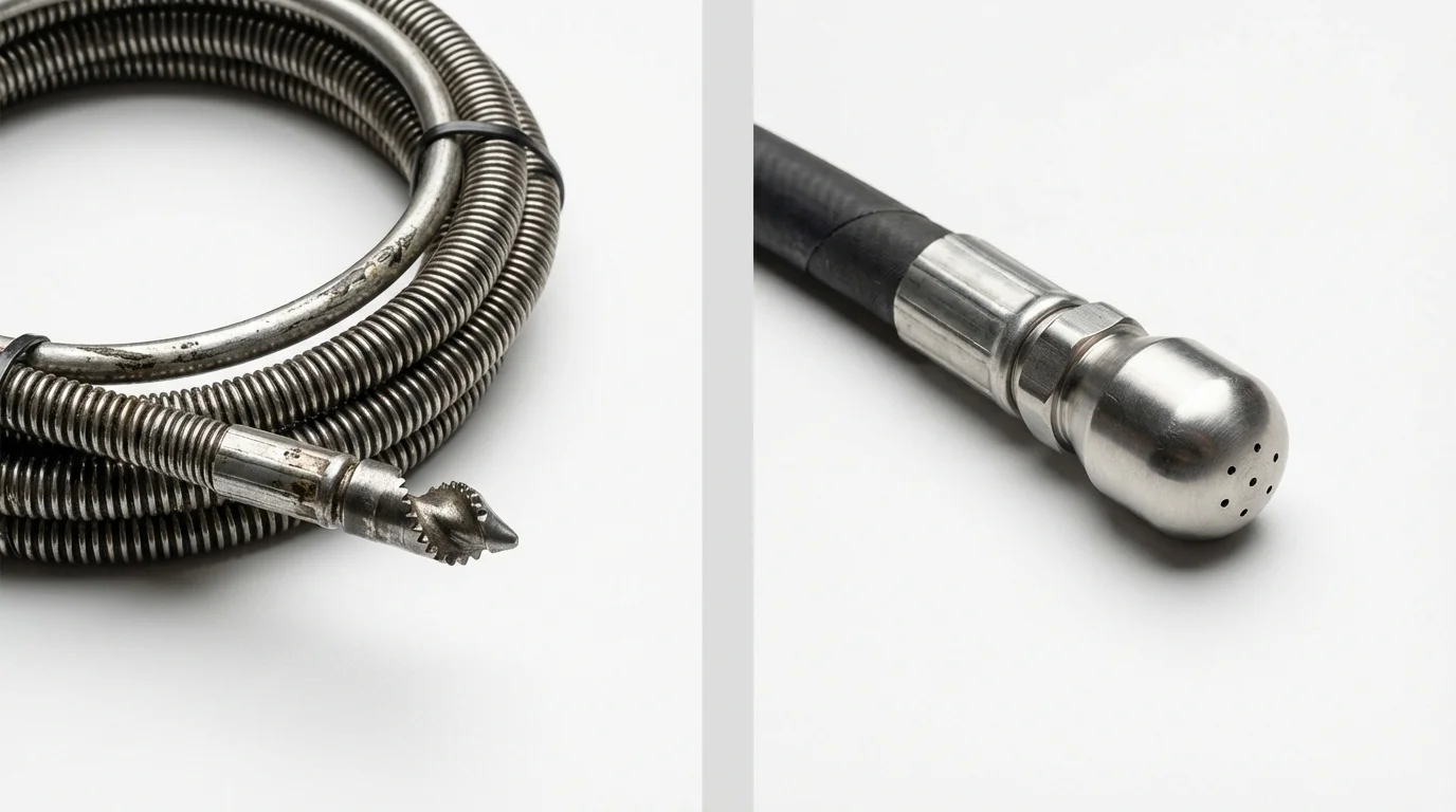 Drain snake cable and hydro jetting nozzle used for drain cleaning in San Miguel, CA