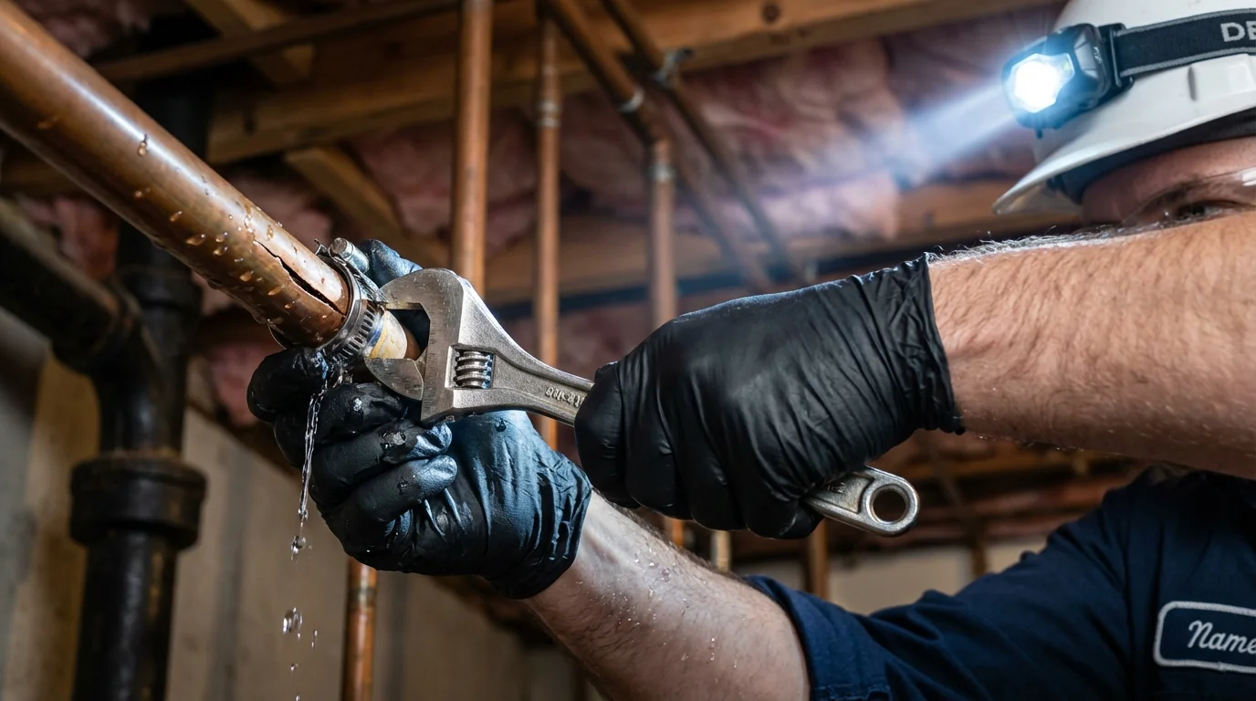 Emergency pipe clamp repair being performed by a Johns Plumbing LLC plumber in San Miguel