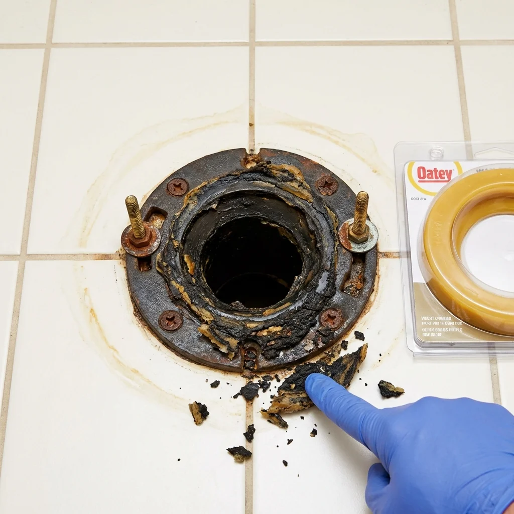 Failed wax ring showing water seepage at the base of a toilet in a San Miguel, CA home
