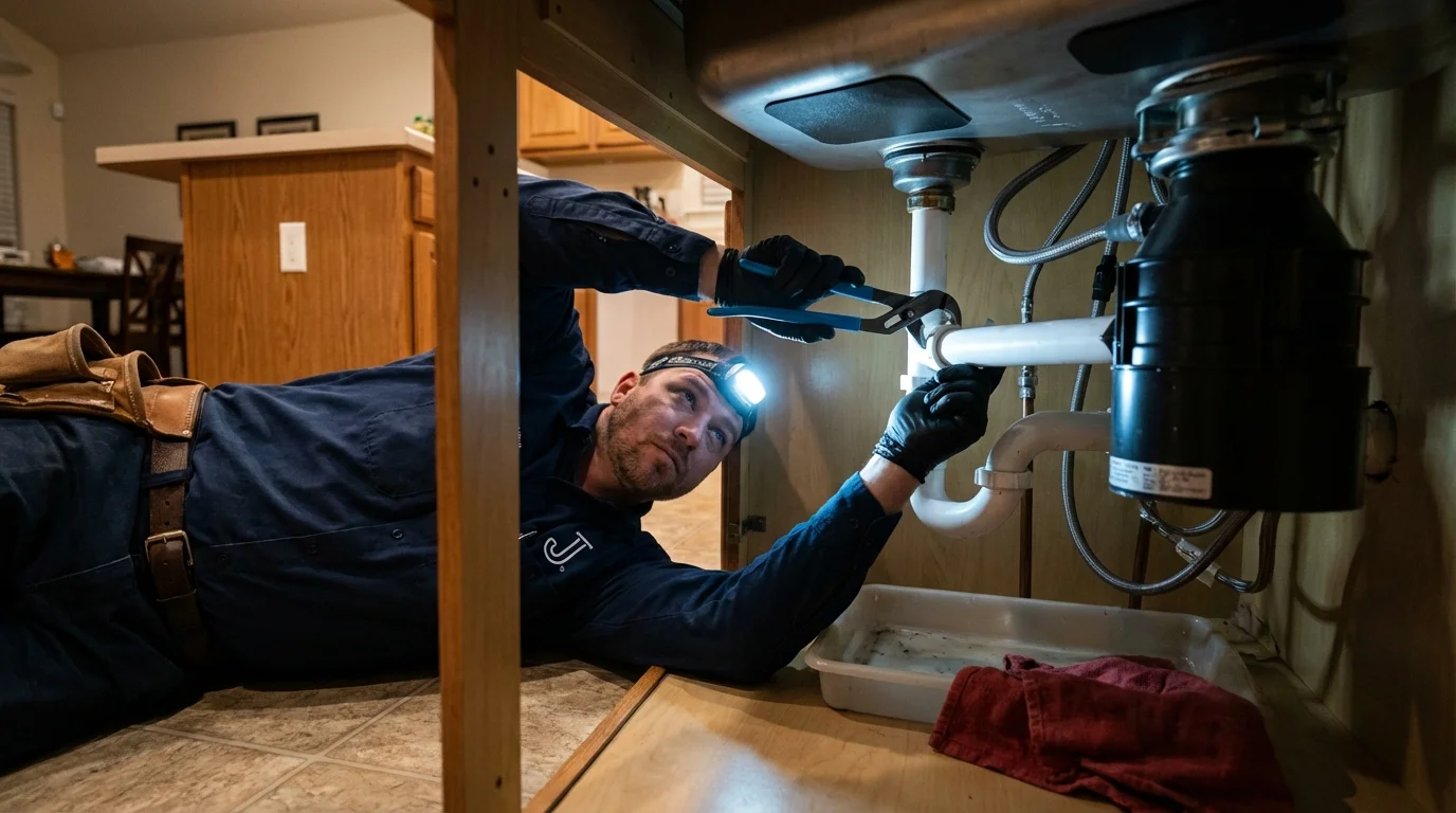 P-trap and supply line connections under a kitchen sink showing a common leak point in San Miguel, CA